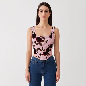 NWT Fashion Nova Floral Pink Red Sleeveless Corset Lace Up Back Blouse size L